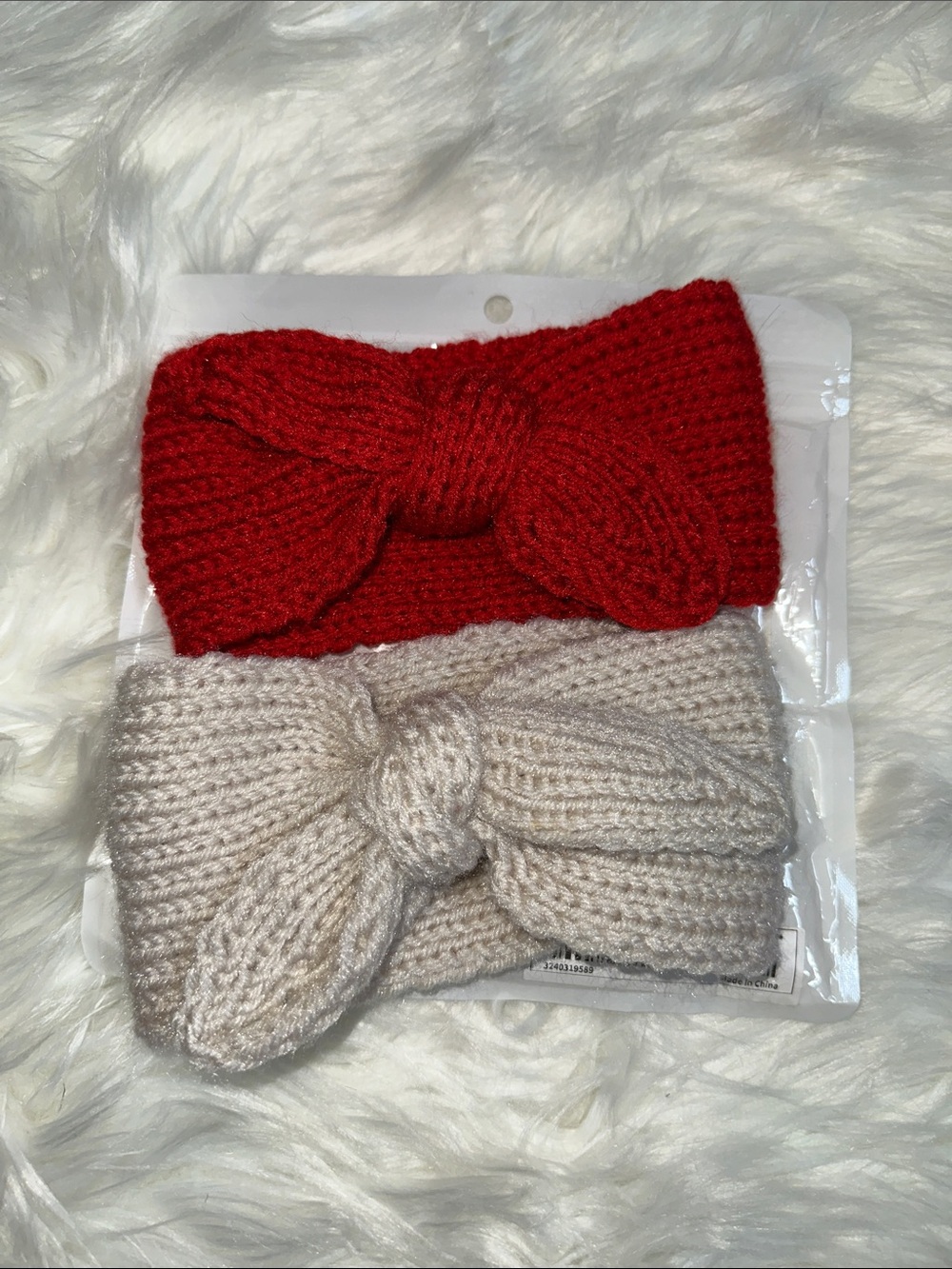 Kids Knitted Bow Headband Set - Red & Cream